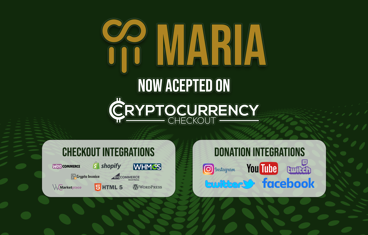 Accept MARIA on your website for free with CryptocurrencyCheckout.
